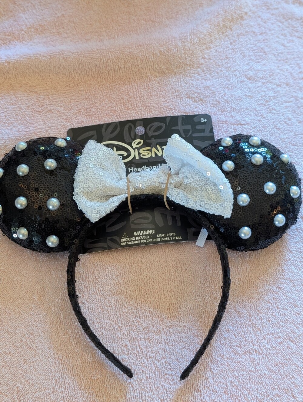 Disney Kids Black Sequin Minnie Ear Headband with White Bow